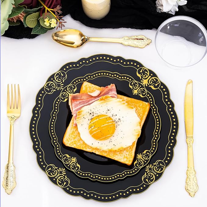 Ciaell 175 PCS Black and Gold Plastic Plates - Black Disposable Dinnerware Set with 50 Plates, 25 Knives, 25 Forks, 25 Spoons, 25 Cups, 25 Napkins for Parties and Weddings