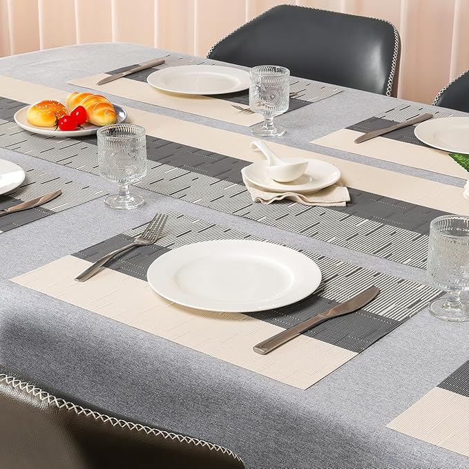 Placemats Set of 6, Vinyl Woven Place Mats Indoor Set of 6 Washable Wipeable PVC Table Mats Heat-Resistant Non Slip Placemat for Kitchen Dining Outdoor Table (Beige Dark Gray, Set of 6)