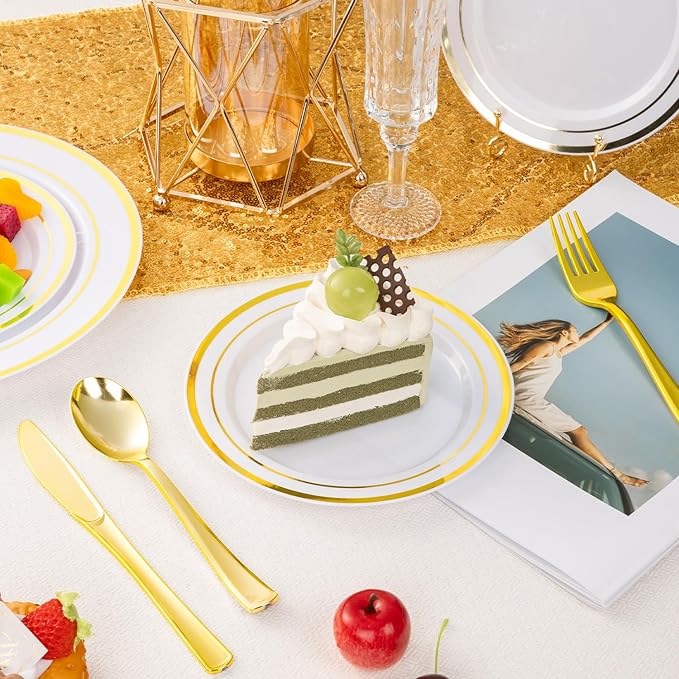 BESTSTAR 7 Inch White with Gold Rim Plastic Plates,100PCS Disposable Dessert/Appetizer/Small Cake Plates,Heavy Duty Plate Ideal for Christmas, Wedding and Birthday