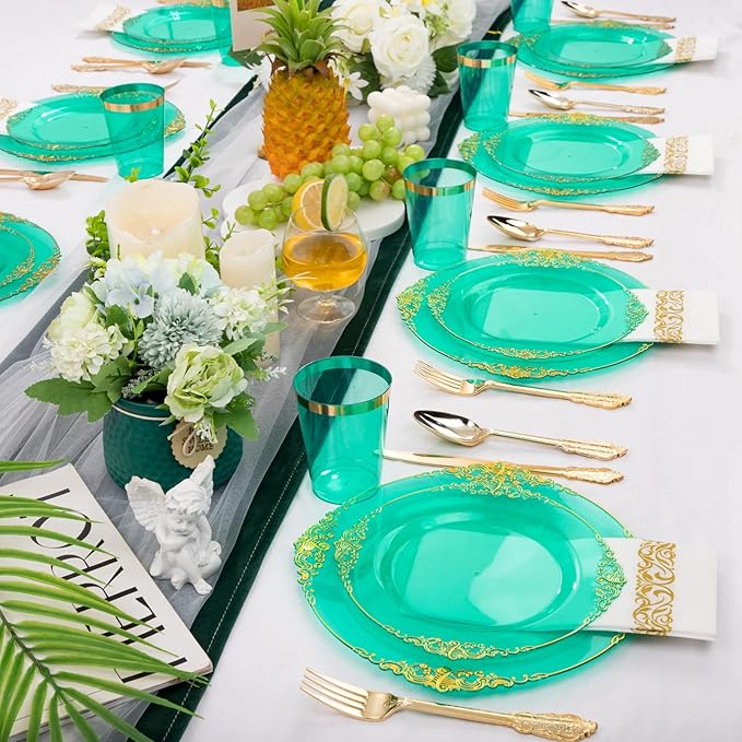 Hioasis 350pcs Green and Gold Plastic Plates - Green Party Plates for 50 Guest, Include 100 Heavy-duty Plates(20% Thicker Than Standard), 150 Cutlery Set, 50 Napkin, 50 Cups for St. Patrick's Day