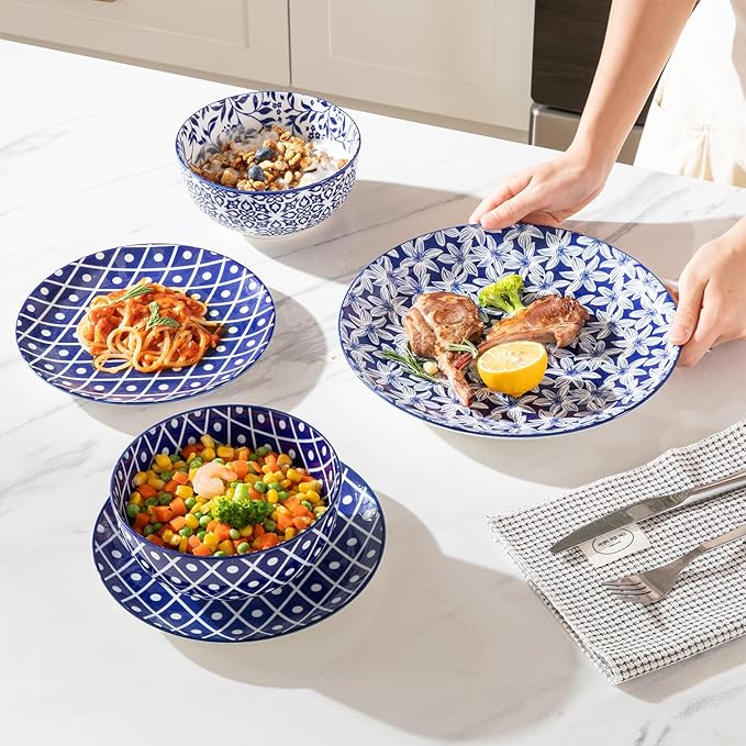 Sweejar 24 Pieces Ceramic Dinnerware Sets, Handmade Plates and Bowls Sets, Highly Scratch Resistant Dishes Set for Kitchen,Porcelain Dishwasher & Microwave Safe Dishes Set,Service for 8 (Vintage Blue)