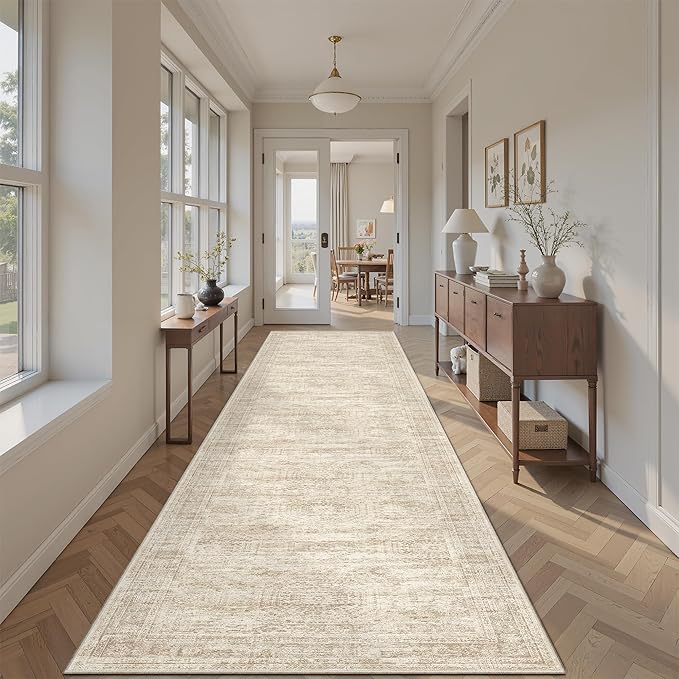Runner Rug 2'6" x 14' Washable Non-Slip Runner Rugs for Kitchen Bathroom Laundry Room Vintage Ultra Thin Runners for Hallway Entryway Beige