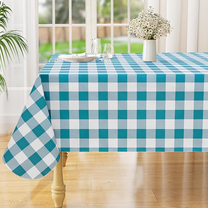 misaya Rectangle Waterproof Vinyl Table Cloth, Buffalo Flannel Backed Tablecloth, Wipeable Plastic Table Cover for Dinner, Kitchen, Outdoor (52" x 70", Turquoise and White)