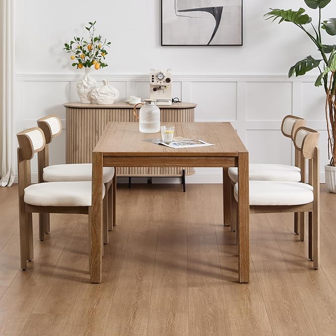 Beige Dining Chairs Set of 6, Mid Century Modern Linen Dining Room Chairs with Curved Back, Armless Kitchen Chairs for Living Room/Restaurant/Balcony/Bedroom/Home Desk/Task
