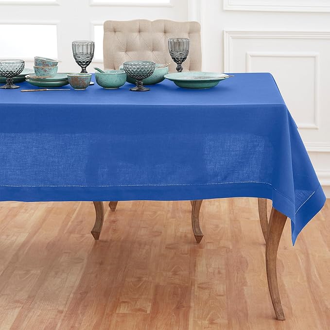 Solino Home Royal Blue Linen Tablecloth 60 x 144 Inch - 100% Pure Linen Hemstitch Table Cloth for Rectangle Tables - Classic Hemstitch, Machine Washable Tablecloth for Spring