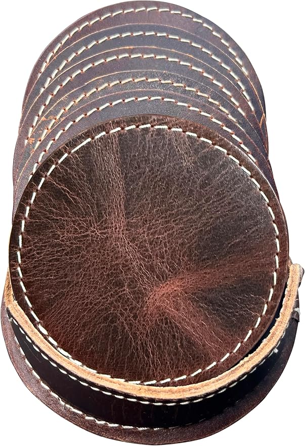 Leather Coasters for Drinks - Cup Coaster Coffee Table Kitchen Table Bar - Set of 6 with Holder for Table Top Protection - Luxurious Home Decor & Housewarming Gift