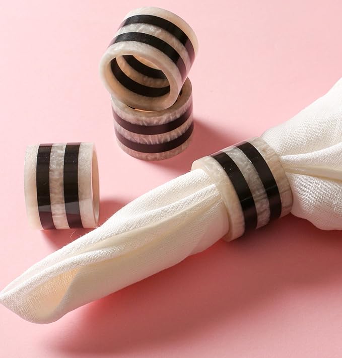 ALPHA Living HOME Napkin Rings Set of 12, Resin Round Napkin Holders for Cloth Napkins, Elegant Serviette Rings for Dinner Parties, Weddings, Holiday Décor, Modern Dining Accessories (Black White)