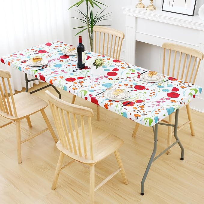 Smiry Rectangle Table Cloth Cover, Waterproof Elastic Fitted Picnic Tablecloth for 4 Foot Tables, Wipeable Flannel Backed Vinyl Tablecloths for Camping, Dining, Outdoor (Off White, 30" x 48")