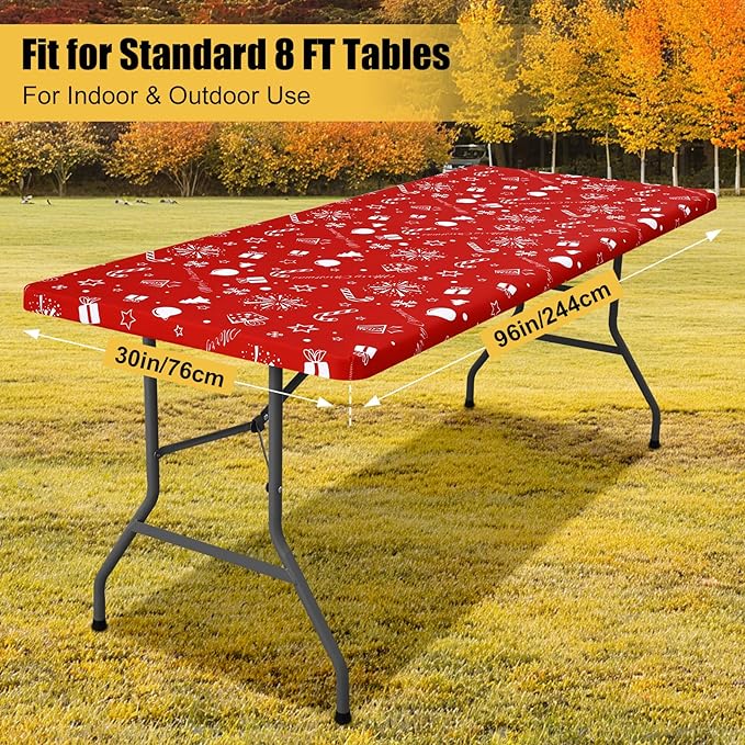 Smiry Rectangle Christmas Table Cloth, Waterproof Elastic Fitted Tablecloths for 8 Foot Tables, Washable Polyester Table Cover for Christmas Dinner (Snowflower, 30"x96")