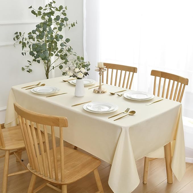JIUZHEN Rectangle Table Cloth Faux Linen Farmhouse Tablecloth Wrinkle and Stain Resistant Decorative Fabric Table Cover for Kitchen, Dining Room, Parties and Camping, Champagne, 54 x 80 Inch
