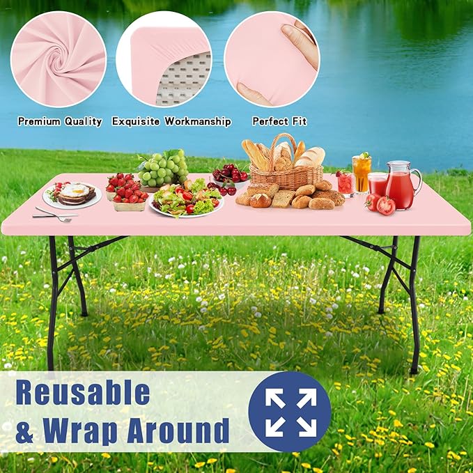 Spandex 6 Foot Rectangle Table Cloth 2 Pack, Elastic Fitted Tablecloths for Picnic, Stretch Washable Patio Table Cover for Outdoor, Camping, Banquet and Parties (Pink, 30"x72")
