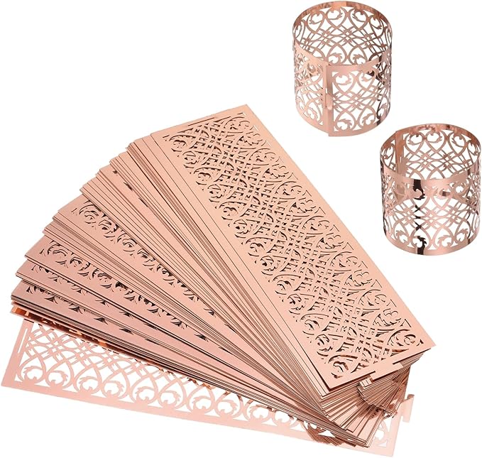 uxcell 100Pcs Napkin Rings Laser Cut Foil Paper, Napkin Holder Hollow Napkin Bands for Weddings Party Serviette Table Decoration Restaurant (Reflective Rose Gold, 5.3 x 1.6)