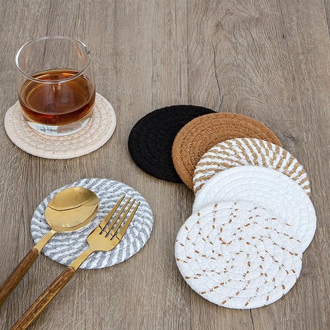 8 Pcs Drink Coasters with Holder, Handwoven Cotton Coasters Set Stackable Absorbent Minimalist Home Decor for Table, Cup, Mug (Black and Beige)