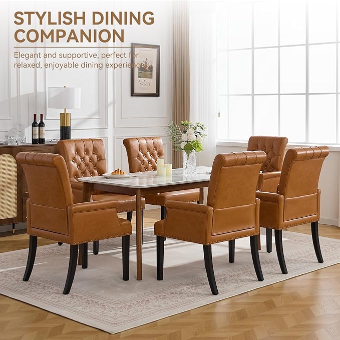 PU Leather Dining Chair with Arms, Upholstered Tufted High Back Dining Room Chairs, Accent Armchair with Solid Wood Leg and Nailhead Trim, Kitchen Dining Living Room, Brown