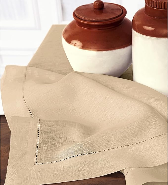Solino Home Linen Beige Tablecloth 60 x 90 Inch - Classic Hemstitch, 100% Pure Linen Rectangular Tablecloth - Machine Washable Table Cloth for Spring, Easter