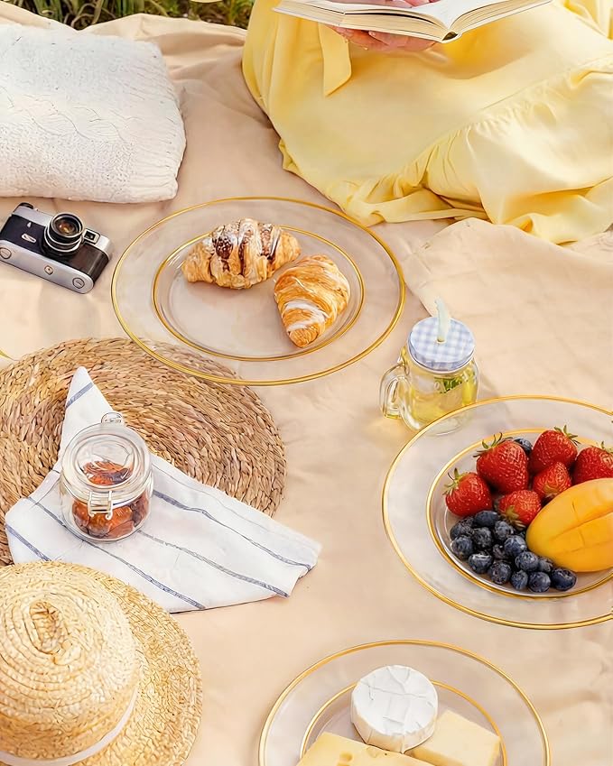 Quatish 60 Pcs Gold Rim Disposable Plastic Plates for Party,Wedding Plate Includes 30 Pes 10.25 Inch 30 Pes 7.5 Inch Heavy Duty Dinner & Dessert Plates, Perfect for Festivals,Picnics,in Clear