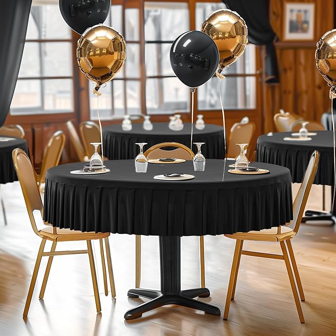 2 Pack Black Spandex Round Tablecloths for 72in Table, Stretchy Fitted 6FT Round Table Cloths, Wrinkle Free Table Cover with Skirt for Wedding Birthday Party Bridal Shower Banquet