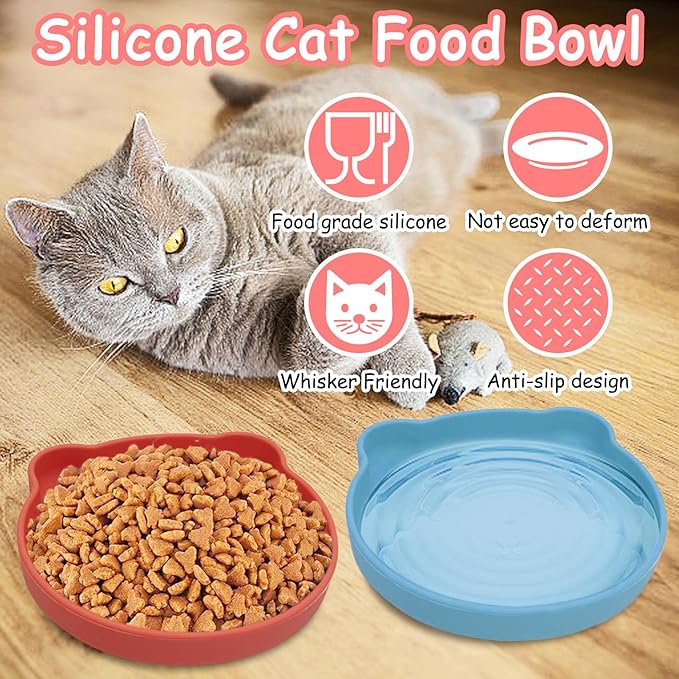 Silicone Cat Food Bowl Suction Cup Cat Dish 7" Shallow Kitty Plates Set of 3 Non-Slip Pet Dishes Relief Whisker Fatigue Puppy Feeding Bowl for Dry & Wet Food (Beige + Red + Blue)