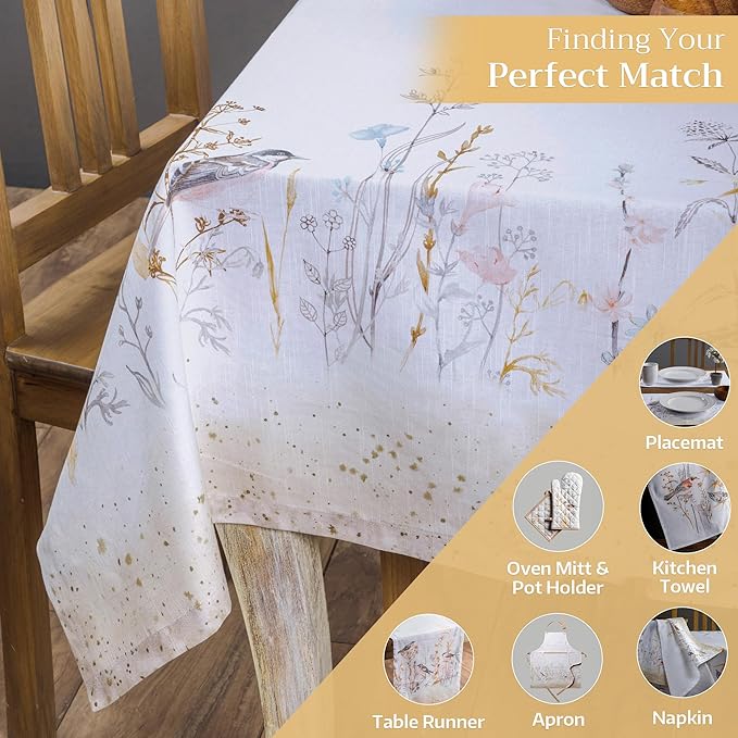 Maison d' Hermine Table Cloth Rectangle Table 100% Cotton 60 x 90 Inches Tablecloth Reusable Decorative for Dining Room Farmhouse Home Valentines Day Decorations Spring Summer - Meadow Florals - Beige