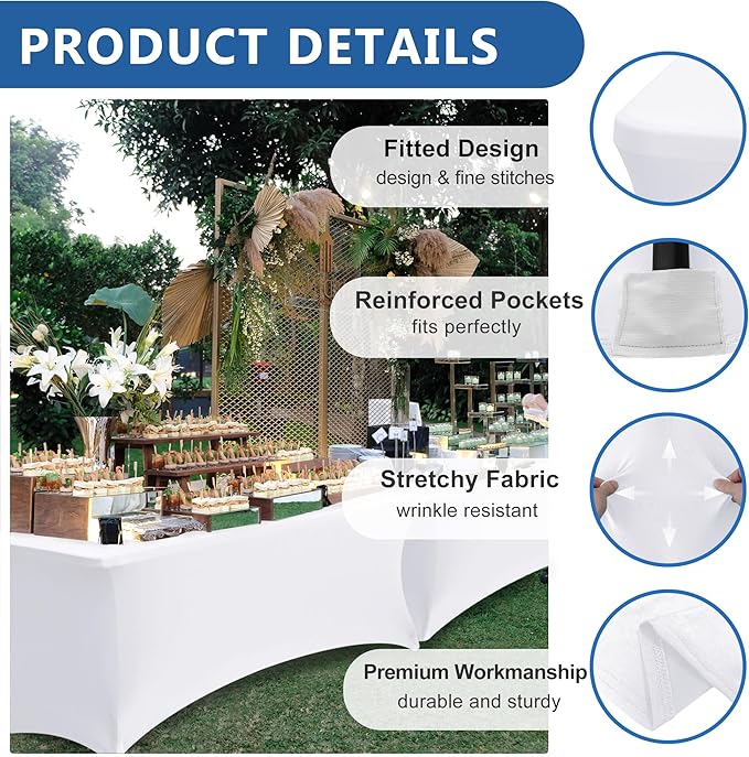 Spandex Table Cloths for 8 Foot Rectangle Tables-4 Pack Fitted Stretch White Table Covers-Elastic Folding Tablecloths for Party, Vendor Booth Display, Banquet Buffet Event, Craft Trade Show
