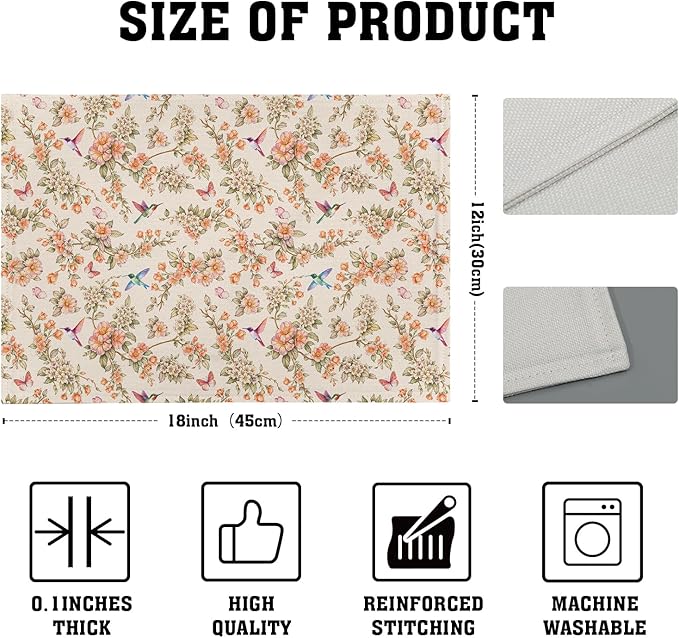 Floral Birds Placemats - Spring Summer Place Mat Set of 4 Hummingbird Butterfly Tablemats 12x18 for Party Kitchen Dining