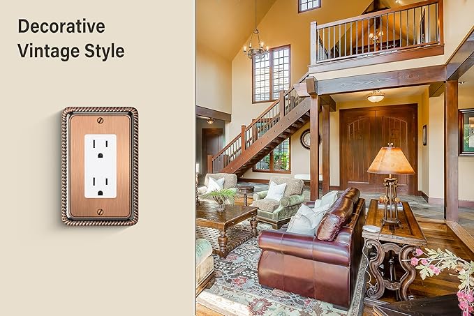 Henne Bery Rope Edge Decorative Wall Plate Switch Plate Outlet Cover (Single Decorator, 3 Pack, Antique Copper)