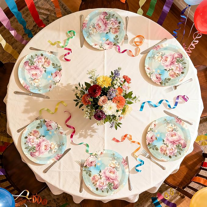 50Pcs Peony Floral Party Supplies 9" Vintage Floral Paper Plates Disposable Pink Peonies Tableware for Birthday Bridal Shower Baby Shower Wedding Party Decorations