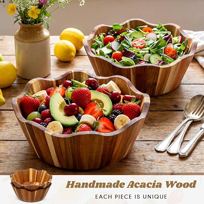2 Pcs Scalloped Decorative Wooden Bowl 12 Inch Acacia Wood Fruit & Salad Serving Bowl Handcrafted Farmhouse Kitchen Serveware for Fruit, Pasta, Snacks and Home Decor