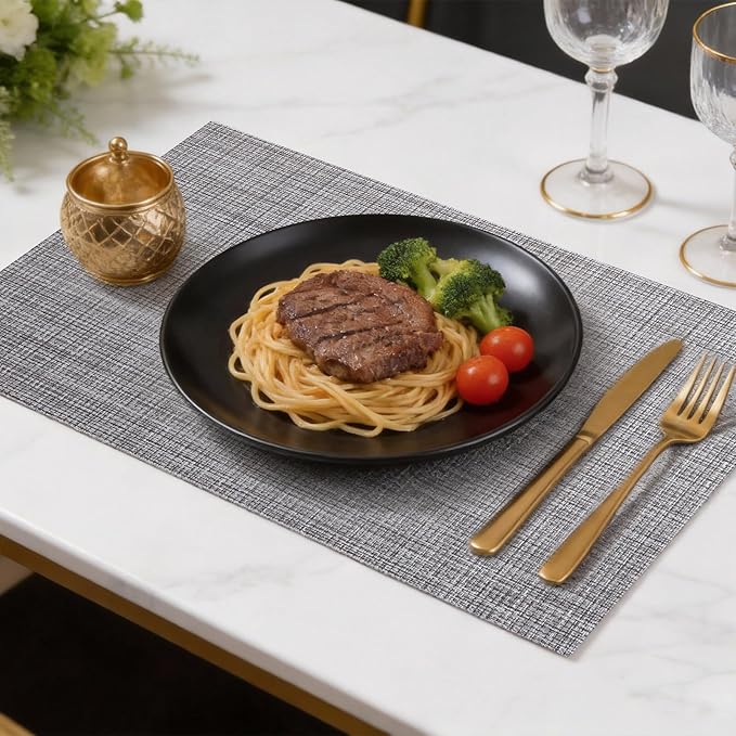 Timeet Placemats Set of 4, Heat Resistant Non-Slip Place Mats, Durable Washable PVC Vinyl Woven Table Mats, Linen Textured Table Placemats for Dining Kitchen Resistant Easy to Clean(Gray)