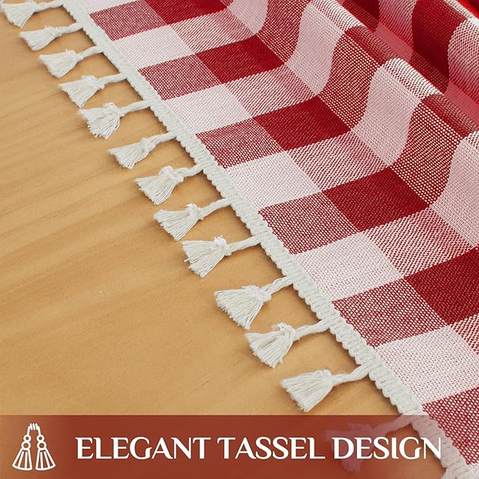 Softalker Checkered Tablecloth Rectangle, Outdoor Linen Cotton Gingham Table Cloth with Tassel, Heavy Duty Wrinkle Free Buffalo Plaid Table Cover for Kitchen Dining Home Party - 55 x 102 Inch, Red