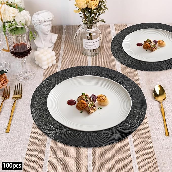 100 Pcs Antique Charger Plates Bulk, 13in Reusable Serving Plates Embossed Rim Plastic Party Dinner Plate Chargers Round Decorative Server Plate for Wedding Party Event Tableware