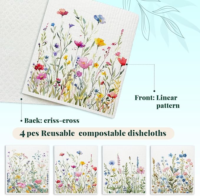 Flowers Swedish Dishcloths for Kitchen, Papaya Reusable Paper Towels, 4 Pack Wildflowers Watercolor Dish Cloths, Washable
