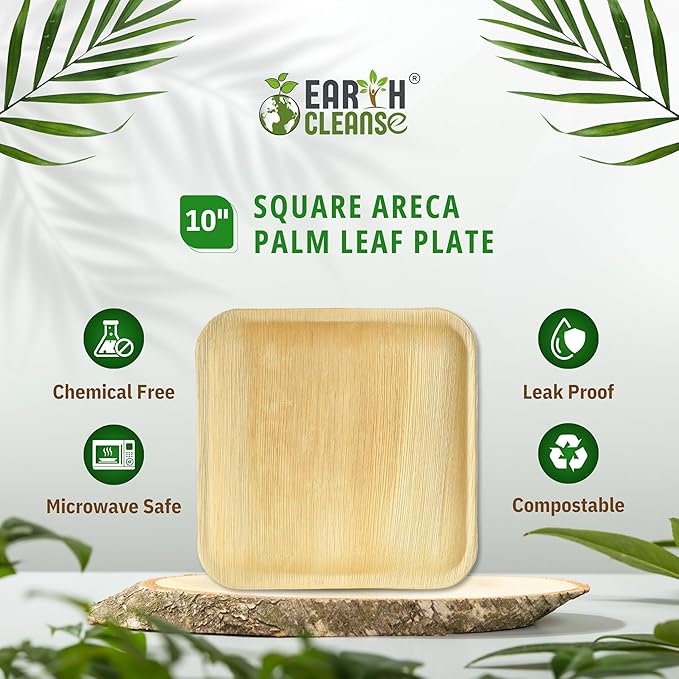 Compostable Palm Leaf Plates 10 Inch Square (100 Pack) | Disposable Biodegradable Plates Like Bamboo & Wooden | Microwave & Oven Safe | Eco-Friendly
