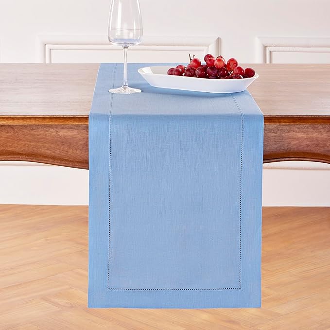 Solino Home Linen Cornflower Blue Table Runner 72 Inches Long - 100% Pure Linen Hemstitch Table Runner 14 x 72 Inch for Dresser, Dining, Spring, Easter - Classic Hemstitch