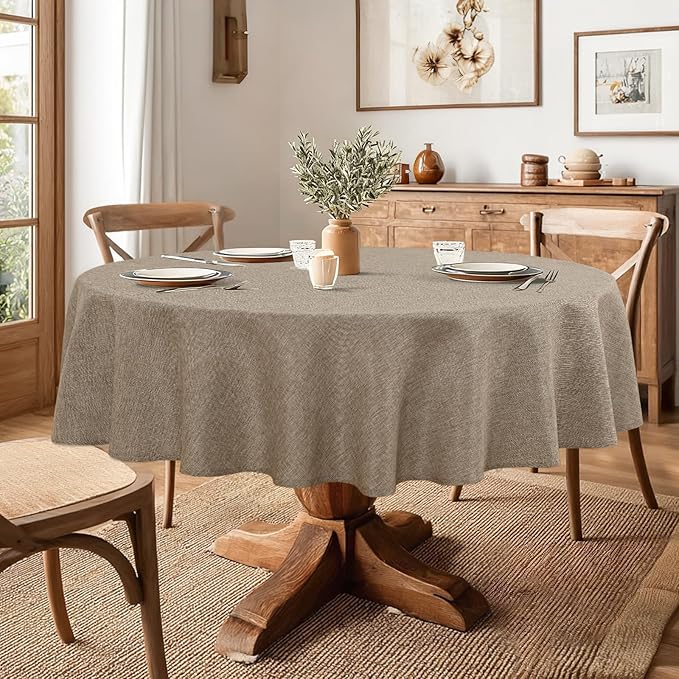 JIUZHEN Round Table Cloth Faux Linen Farmhouse Tablecloth Wrinkle and Stain Resistant Decorative Fabric Table Cover for Kitchen, Dining Room, Parties and Camping, Khaki, 80 Inch Round