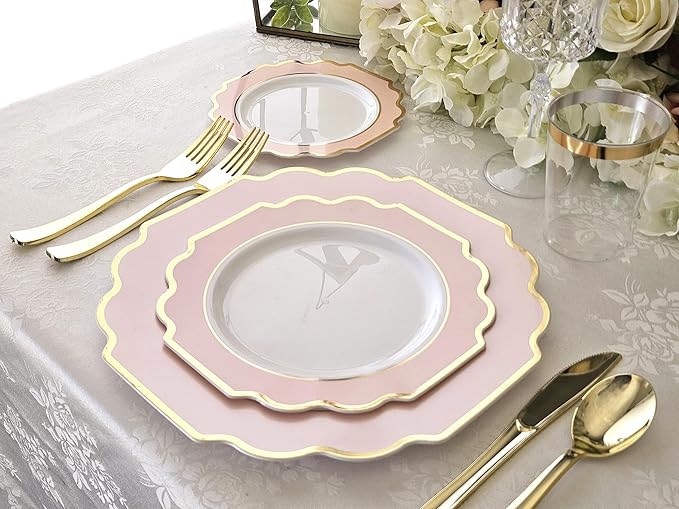 " OCCASIONS " 240 Plates Pack (120 Guests) Heavyweight Wedding Party Disposable Plastic Plates Set -120 x 10.5'' Dinner + 120 x 8'' Salad/Dessert Plate (Imperial in Blush & Gold)