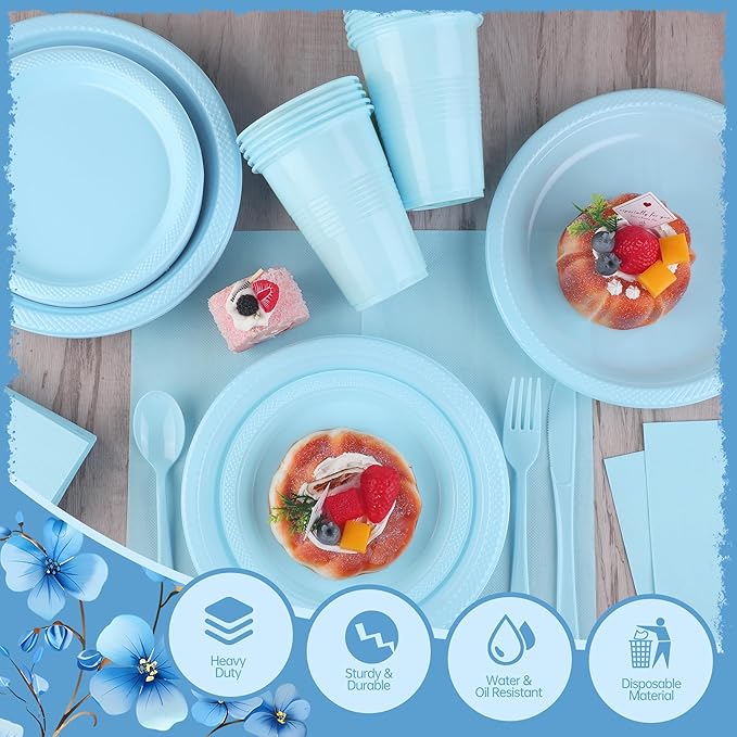 Kochorie 240 Pieces Light Blue Plastic Dinnerware Set Disposable Heavy Duty Plates Napkins Cups Silverware Dessert Dinner Plates for Birthday Wedding Baby Shower Party Supplies, Serves 30 Guests