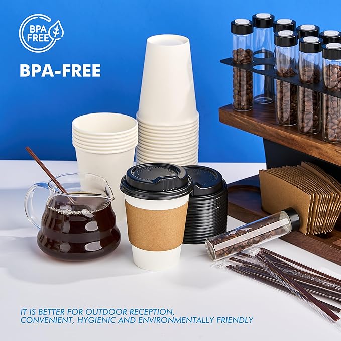 RACETOP 12 oz 100 Pack Disposable Paper Coffee Cups with Lids, Sleeves and Stirrers, Hot Cups, Paper Cups with Lids, Sleeves and Stirrers, Ideal for Home/Office
