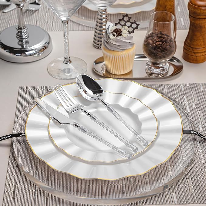 120PCS Pearl White Plastic Plates, Heavy Duty Disposable Party Plates with Gold Rim, 60 Dinner & 60 Dessert for Parties and Wedding