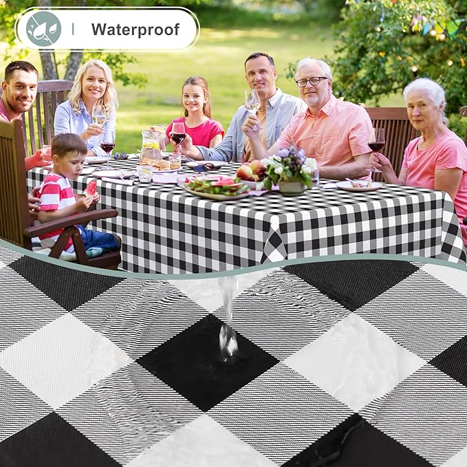 misaya Rectangle Waterproof Vinyl Table Cloth, Buffalo Flannel Backed Tablecloth, Wipeable Plastic Table Cover for Dinner, Kitchen, Outdoor (60" x 84", Black and White)