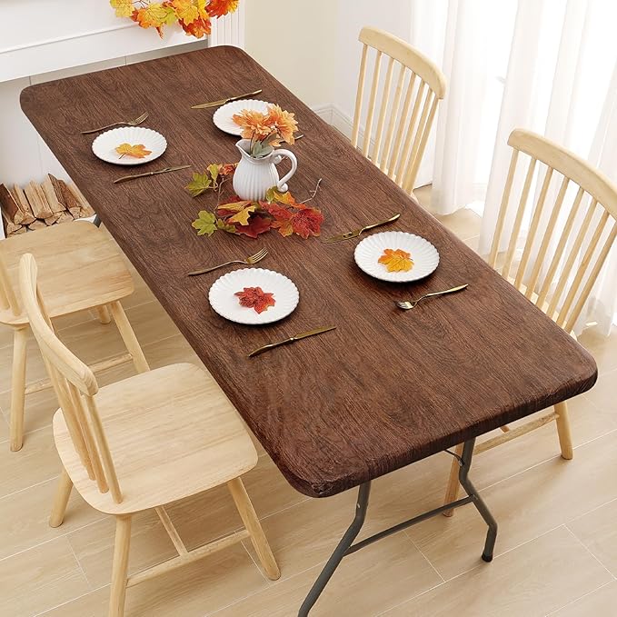 Smiry Rectangle Table Cloth Cover, Waterproof Elastic Fitted Picnic Tablecloth for 4 Foot Tables, Wipeable Flannel Backed Vinyl Tablecloths for Camping, Dining, Outdoor (Brown, 24" x 48")