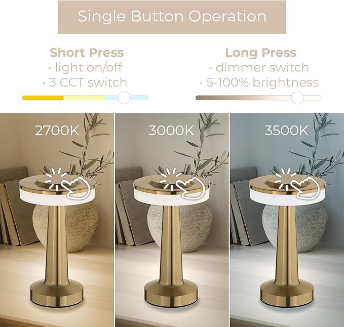 Radiance LED Cordless USB-C Re-Chargeable Desk Lamp, 5200mAh Battery Operated with 3 Color Temperature 2700K-3000K-3500K and Fingertip Touch On/Off Plus Dimming in Satin Brass