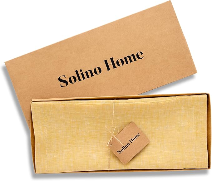 Solino Home Linen Table Runner 90 Inches Long - Athena, 100% Pure Linen Chambray Mustard Yellow Table Runner 14 x 90 Inch for Dining, Spring, Easter