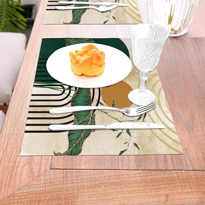 Abstract Emerald Placemats Minimalist Modern Contemporary Aesthetic Vintage Arch Neutral Washable Place Mats 12x18Inch for Dining Kitchen Farmhouse Decor 6 PCS