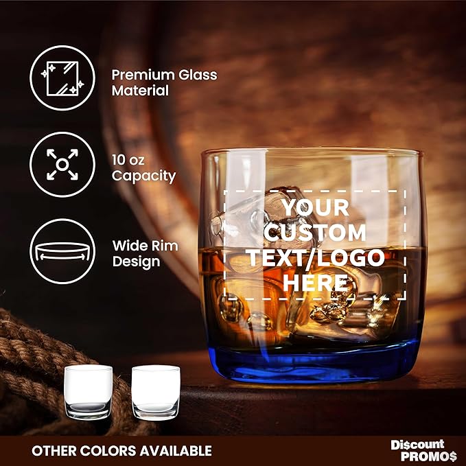 DISCOUNT PROMOS Custom Whiskey Glasses 10 oz Set of 10/50/100, Personalized Bulk Pack - Heavy Base Old Fashioned Glass, Perfect for Scotch, Bourbon, Whiskey, Cocktail - Blue Bottom Color