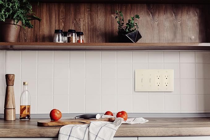 Henne Bery Modern Edge Decorative Wall Plate Switch Plate Outlet Cover, Durable Solid Zinc Alloy (Double Toggle/Double Decorator, Light Almond)