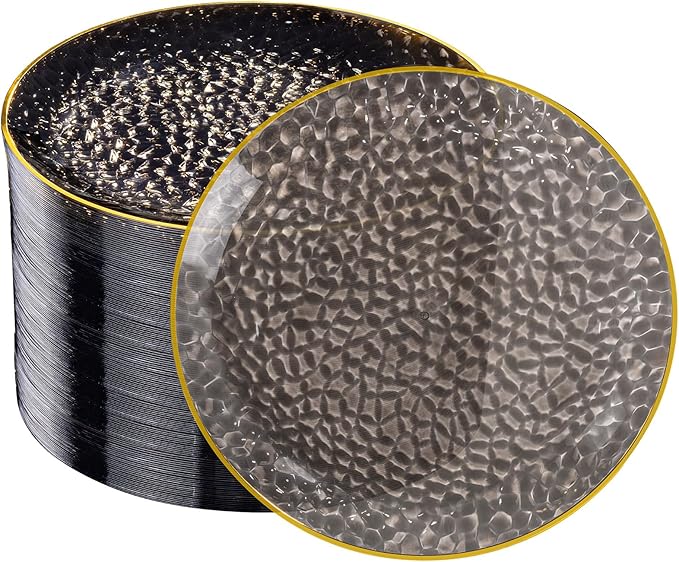DaYammi 100 Pcs Black Gold Plastic Plates - 10 inch Clear Black Gold Dinner Plates - Hammer Pattern Design - Fancy Disposable Plate - Heavy Duty Party Plate Ideal for Party and Wedding