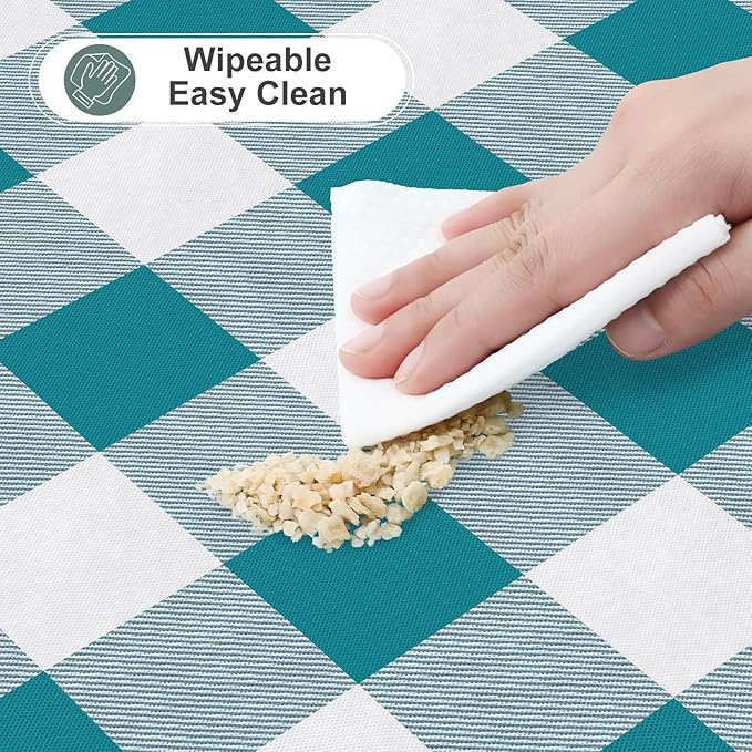 misaya Round Waterproof Vinyl Table Cloth, Buffalo Flannel Backed Tablecloth, Wipeable Plastic Table Cover for Dinner, Kitchen, Picnic (60", Turquoise and White)
