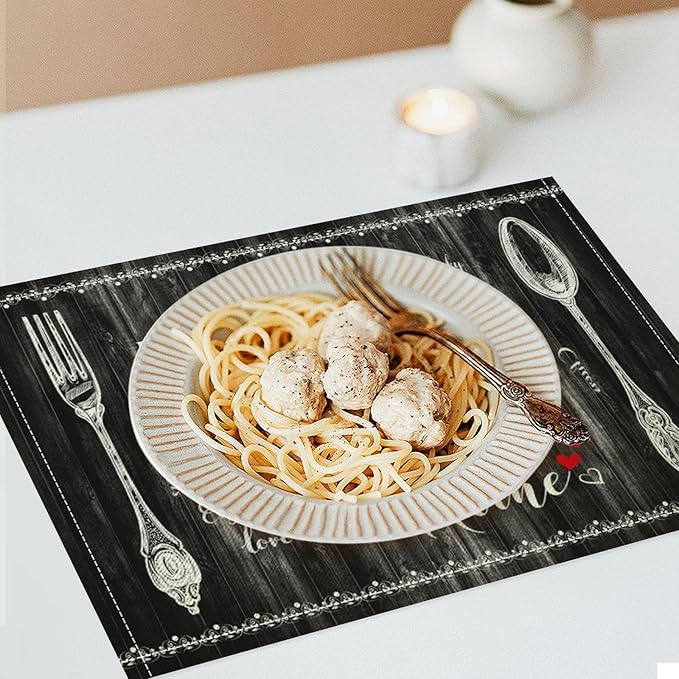 Vintage Farmhouse Placemat Set, Minimal Black White Rural Plank Art Sketch Cutlery Knife Fork Inspirational Quotes Pattern Home Decor Linen Table Mats for Dining Room Kitchen Party (17x12in) x6P