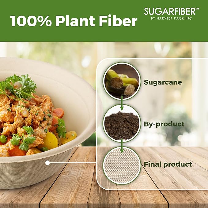 [500 COUNT]Harvest Pack PFAS FREE 48oz Round Compostable Bowls, Heavy-Duty Eco-Friendly Disposable Bagasse Large Soup Paper Bowls, sugarcane made for Meal Prep Takeout Dinnerware, Microwave Safe